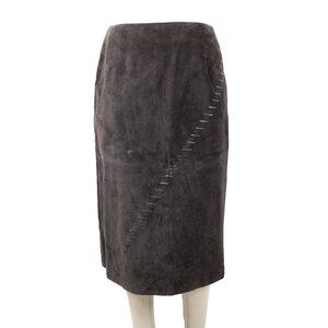 Kenar Sz 14 Brown Top Stitch Detail 100% Leather Polyester Lined Midi Skirt